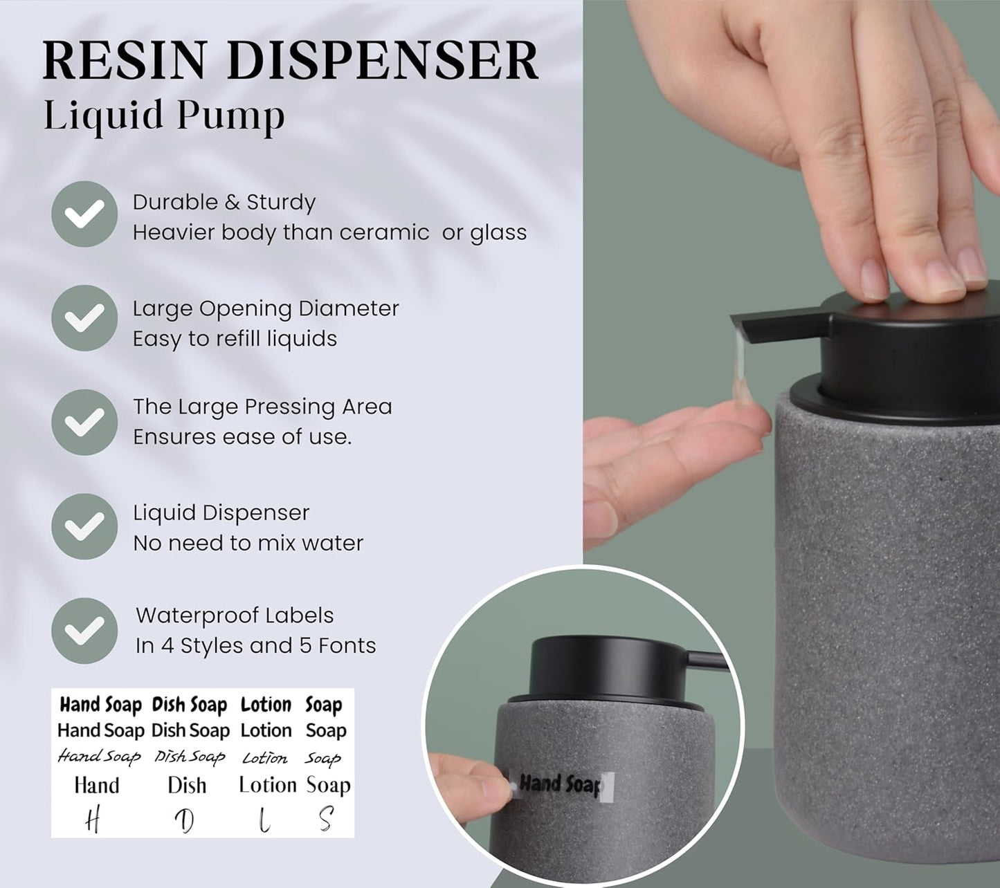 Resin Hand Soap Dispenser with Easy-to-Press Pump, Refillable Liquid Soap Dispenser with Sandstone Like Finish, Waterproof Bottle Labels for Bathroom Kitchen Dish Lotion (Gray, 10 oz)