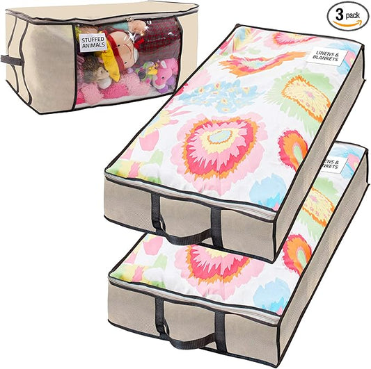 Underbed Storage Bag 2 Large Under-the-Bed Storage Containers and Organizer Bin Reinforced Handles Metal Zipper Foldable Under-Bed Storage Bags and Containers by Nest Neatly, Beige