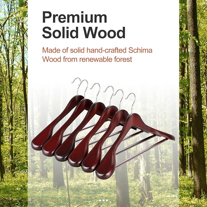 TOPIA HANGER Wide Shoulder Wooden Hangers, Suit Hangers with Non Slip Pants Bar & 360° Swivel Hook, Solid Wood Heavy Duty Coat Hanger, 6 Pack (Matte Cherry)-CT02C
