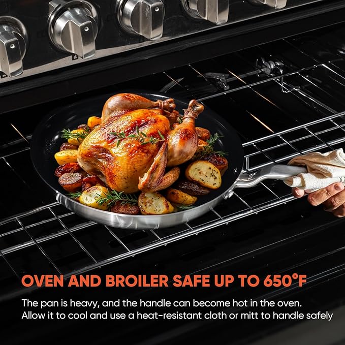 12 Inch Ceramic Non Stick Frying Pans - 5 Ply Stainless Clad Nonstick Skillet, Toxic, PTFE & PFOA FREE, Professional Cookware for Induction, All Stoves and Oven up to 650°F