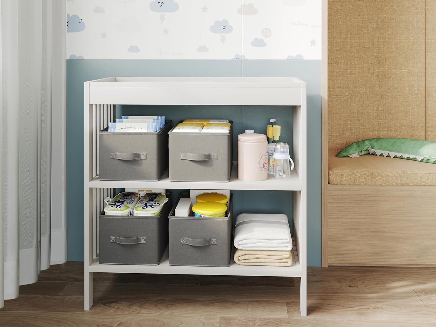 3 Pack Fabric Storage Bins for Shelves | 16.25x12x10in Closet Storage Baskets | Collapsible Storage Bins |Fabric Closet Organizers with Handles | Grey