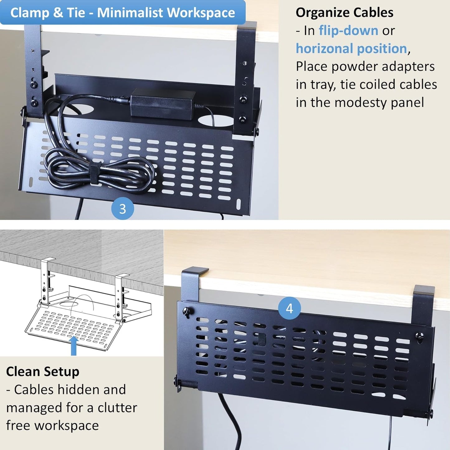 AEONS Universal Under Desk Cable Management Tray-Clamp Mount Hinged Swing Modesty Panel Organizer for Office Desks, Easy Access Flip-Down Position Power Strip Cord Storage No-Drill, 25 lb Capacity
