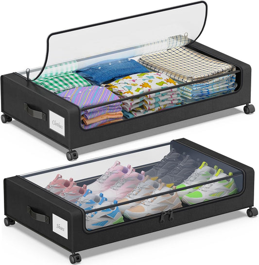 Under Bed Storage with Wheels, 2-Pack Under Bed Storage Containers with Clear Lids, XXL 60L Under the bed storage Organizer Bins, Rolling Under Bed Metal Drawer for Clothes,Shoes,Toys (Black, 2 Pack)