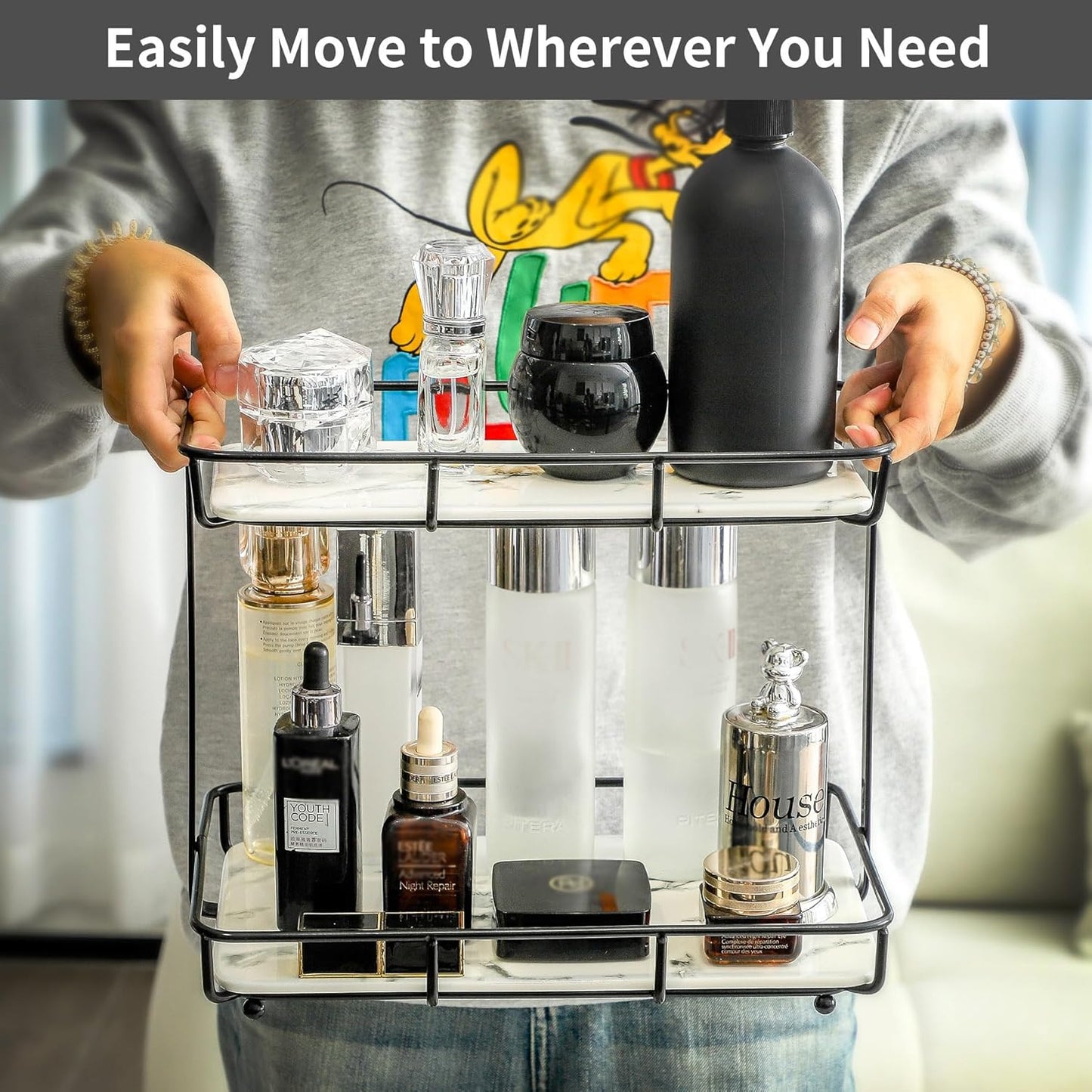 Bathroom Organizer Countertop Perfume Organizer Makeup Organizer Cosmetics Storage Display Rack Vanity Tray Dresser Stainless Steel Gold Shelf White Marble Ceramic Tray (2 Tier L-Black)