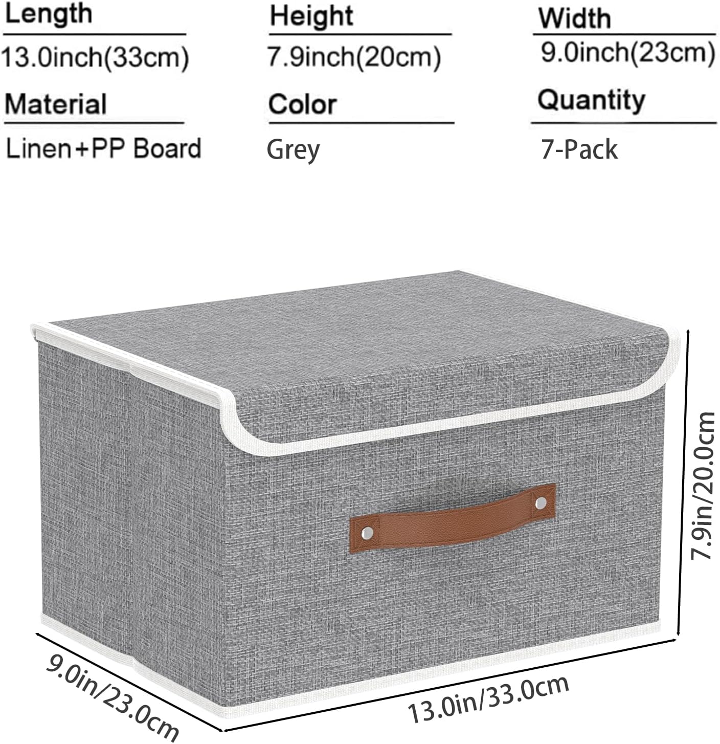 Yawinhe Collapsible Storage Boxes, Foldable Bin with Lids, Cube Clothes Organizer Basket with Handles, Grey, 13.0''Lx9.0''Wx7.9''H, 7-Pack, SNK024GS-7