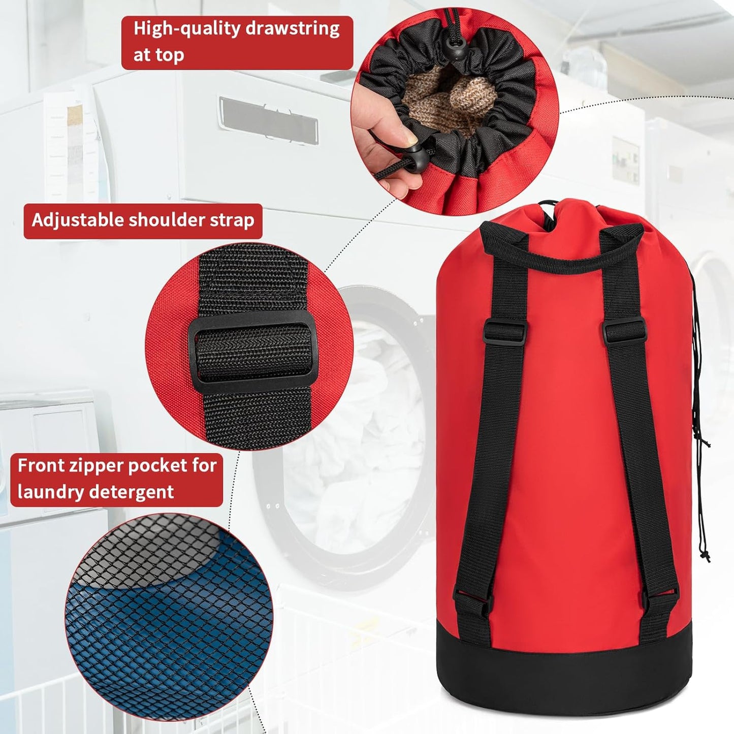 Laundry Bag Backpack with Shoulder Straps and Mesh Pocket Foldable Clothes Hamper Bag with Drawstring Closure for College, Apartment, Laundromat (Red)