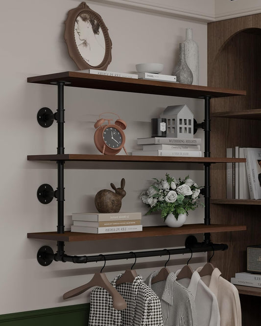 42in, 3-Tier Wall Mounted Garment Rack with Walnut Real Wood Shelf, Heavy Duty Hanging Clothes Rack, Multi-Purpose Hanging Rod, Space-Saving Closet Storage