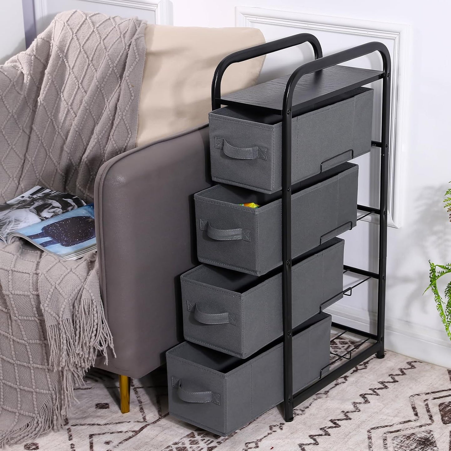 MAX Houser 4 Drawer Narrow Dresser Fabric Storage Tower Vertical Slim Storage Chest Organizer Nightstand Side/End Table Small Standing Organizer Removable Drawers Wood Top for Bedroom, Bathroom（Grey