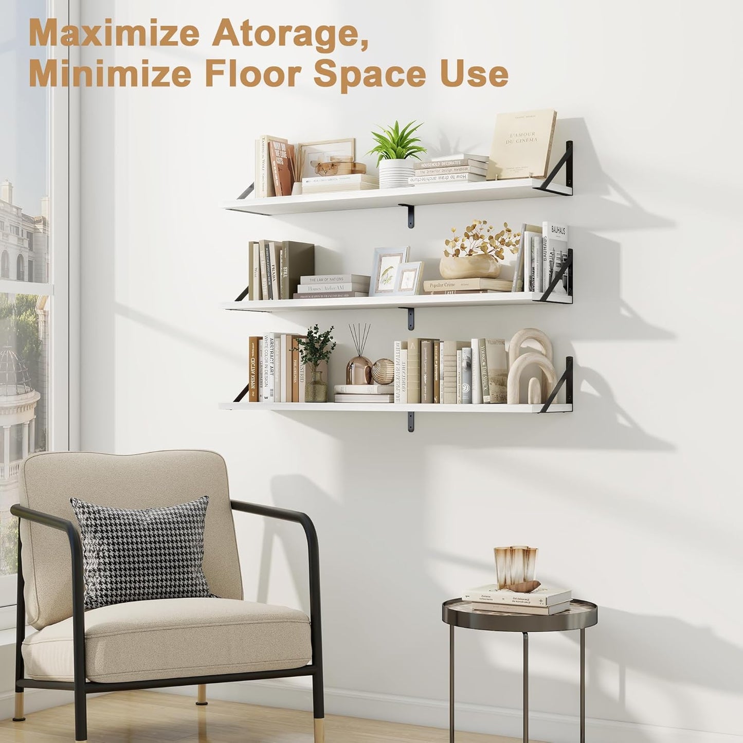 Fun Memories Long Wall Shelves for Bedroom, Set of 3 Large 40-Inch Floating Bookshelves, Rustic Wood Display Shelf for Home and Office (White)