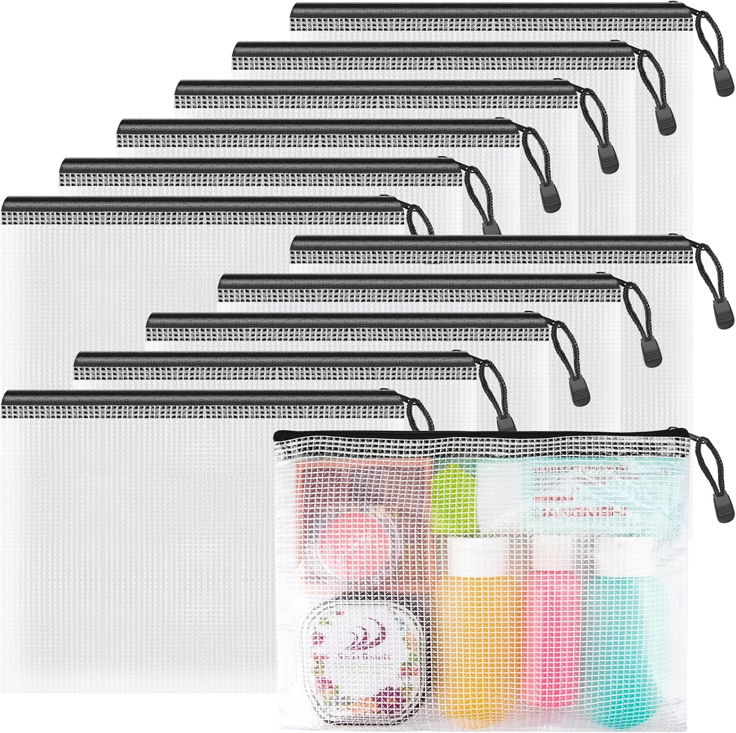 Umriox Small Zipper Pouch, 9.5x7.1 in (Black, 12 Packs), Mesh Bags with Zipper for Office Supplies Travel Accessories