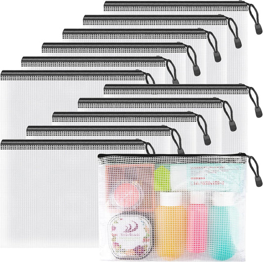 Umriox Small Zipper Pouch, 9.5x7.1 in (Black, 12 Packs), Mesh Bags with Zipper for Office Supplies Travel Accessories
