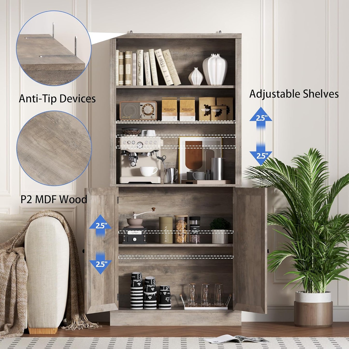 71.4" Tall Bookshelf with Cabinet, 5-Tier Floor Standing Bookcase with Doors & Adjustable Shelves, 31.5" Wide Storage Shelf, Metal Handles, Modern Organizer for Home Office, Living Room