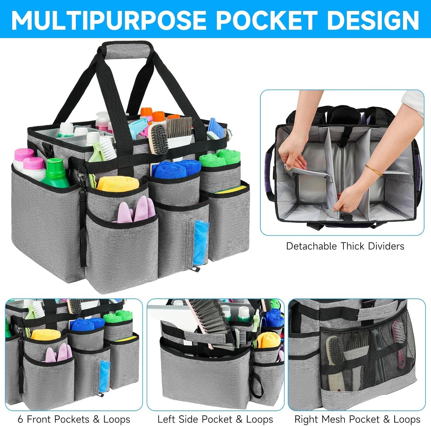 Large Rolling Cleaning Caddy Bag with Detachable Trolley,Cleaning Cart on Wheels with Shoulder Strap,Cleaning Supplies Organizer for Housekeepers,Gray