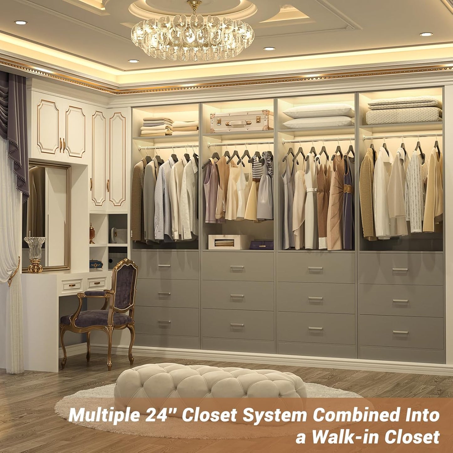 Freestanding 2FT Closet System with 3 Wood Drawers, 24" Closet Organizer System with Hanging Rod & Shelves, Walk-in Closet Systems for Small Closets, Grey (24"L x 15" W x 80" H)