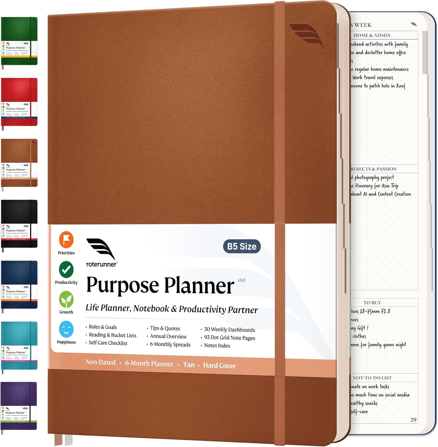 Roterunner Purpose Planner Notebook B5 7.5”x9.8” Undated 2026 Daily Weekly and Monthly Productivity Goal Setting Tool for Work Home ADHD for Adults Self Care Journal