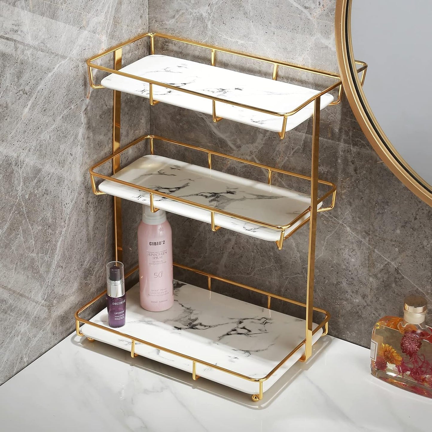 Bathroom Organizer Countertop Perfume Organizer Makeup Organizer Cosmetics Storage Display Rack Vanity Tray Dresser Stainless Steel Gold Shelf White Marble Ceramic Tray