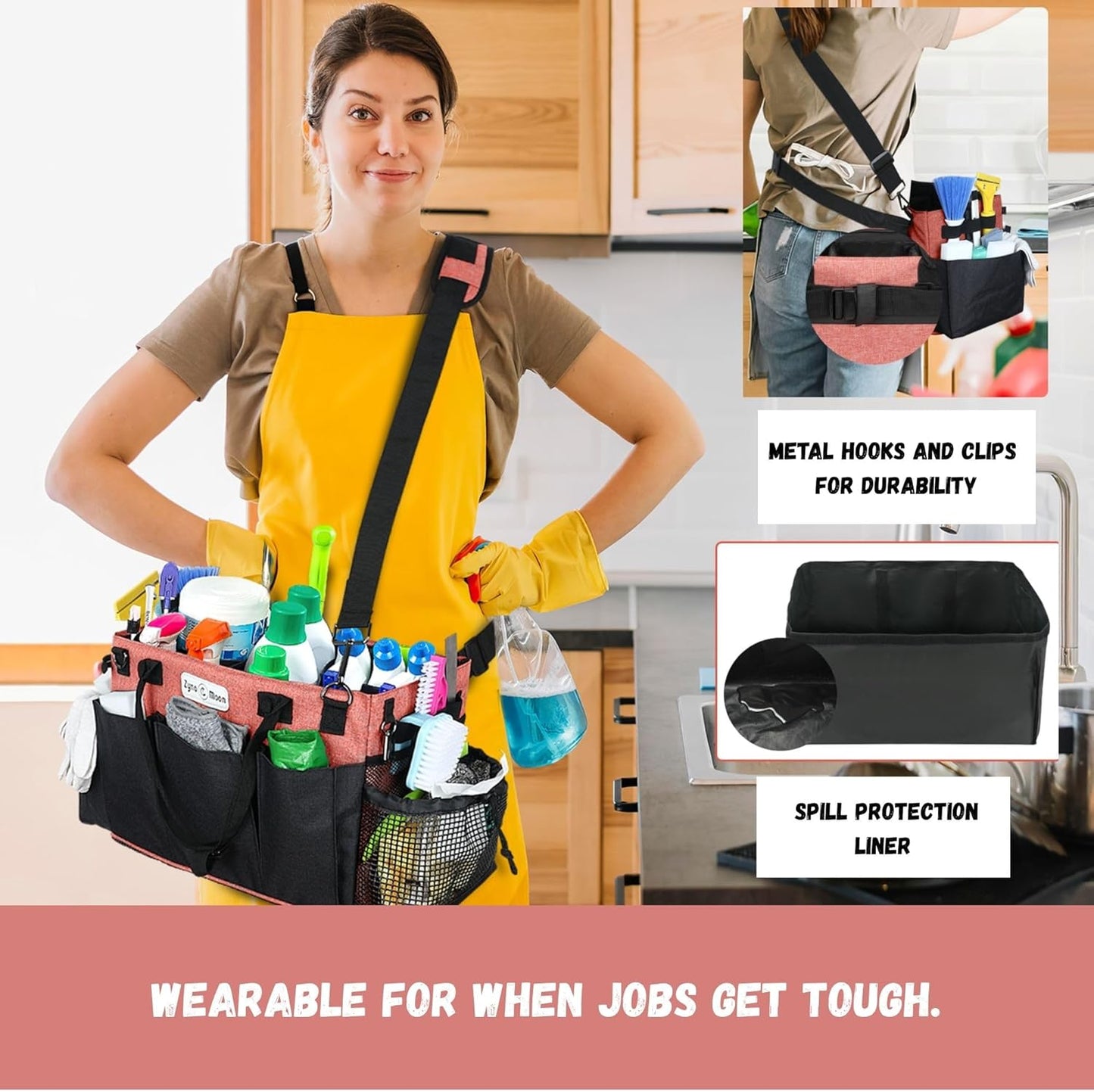 Wearable Cleaning Caddy – Portable Detailing Organizer with Spill-Proof Liner, Straps & Handles – Large Tote for Cleaning Pros, Auto Detailers, and Housekeepers – Red/Gray