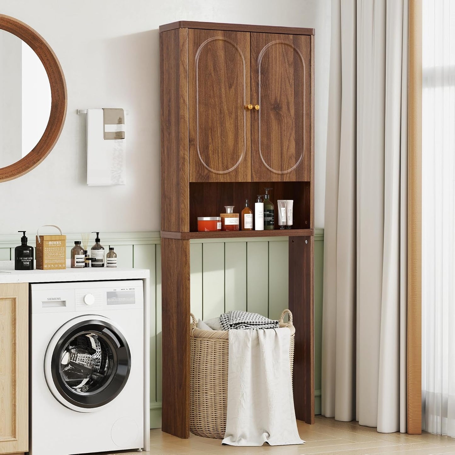 Fluted Over The Toilet Storage Cabinet, Bathroom Toilet Storage Cabinet with Door, Wood Curved Over The Toilet Space Saver Cabinets for Restroom Bathroom, Walnut