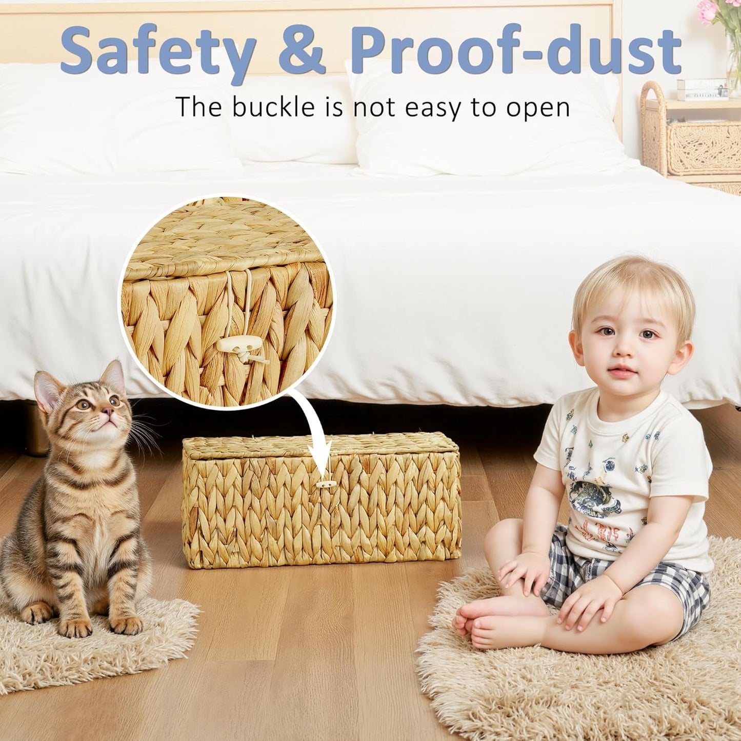 efluky 2 Pack Hand-woven Cable Management Box with Lid, Water Hyacinth Open Slots Cord Box to Hide USB Wire, Power Strip & Charger for Home & Office and Dorm, Natural