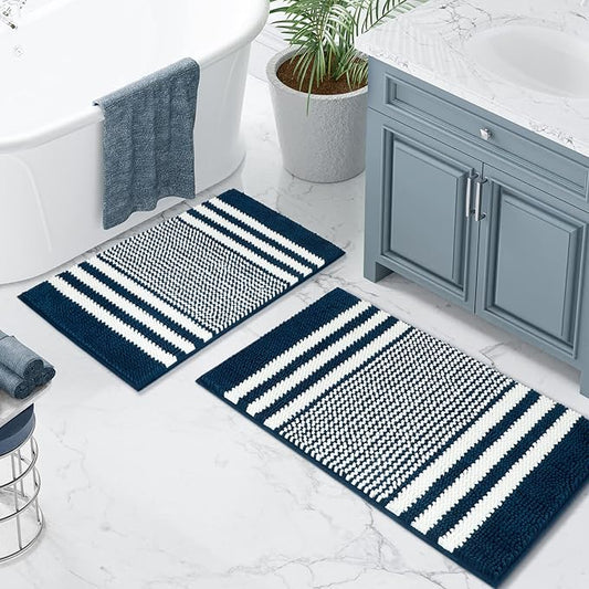 Tindbea Bathroom Rugs Set 2 Piece, Extra Soft and Absorbent Fluffy Striped Chenille Bath Mat Rug Set, Non Slip Bathroom Floor Mat, Machine Washable (20" x 32" Plus 16" x 24", Navy Blue)