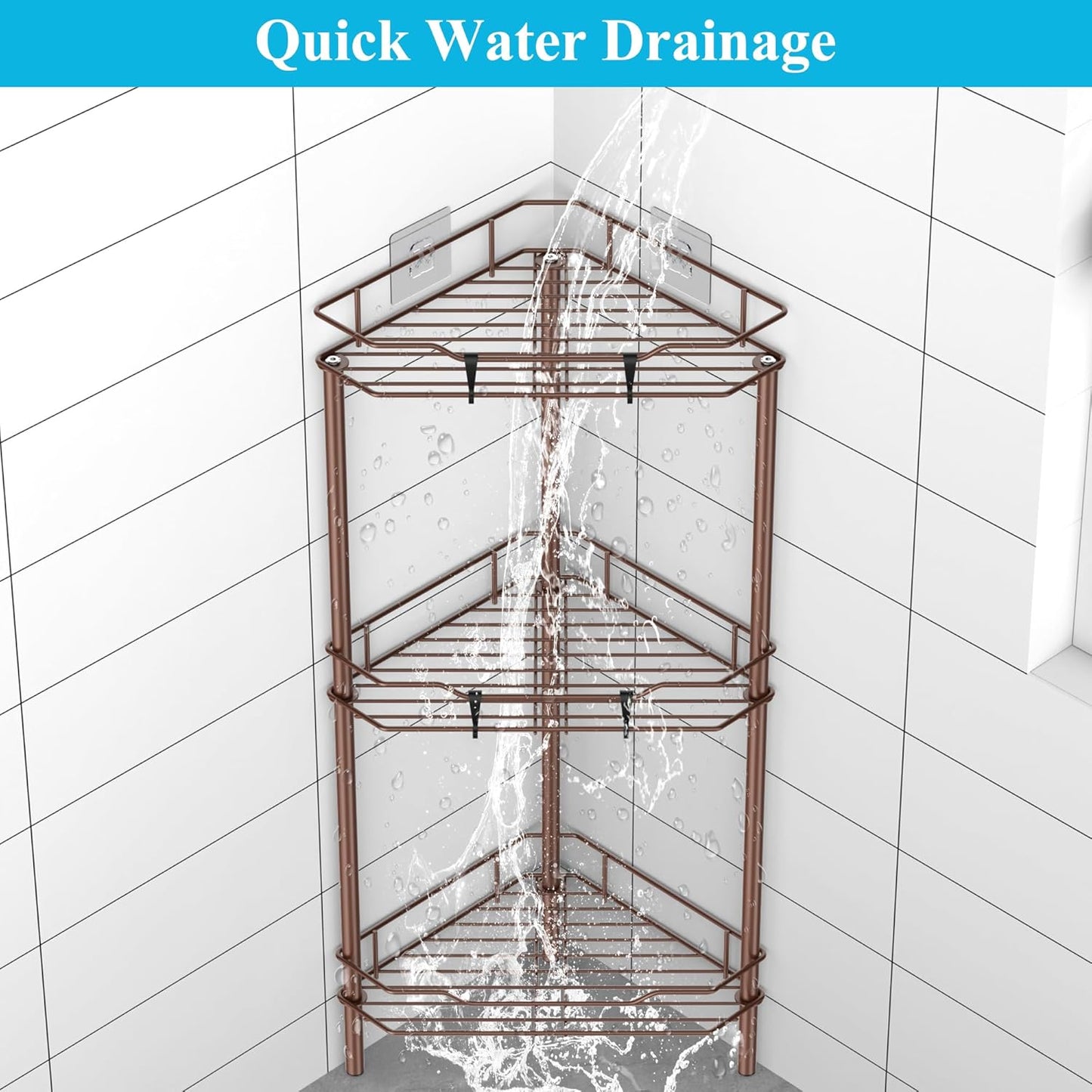 3 Tier Floor Standing Corner Shower Caddy Organizer Shelf with Hooks, Bathroom Shelves Stand Rack, Coffee