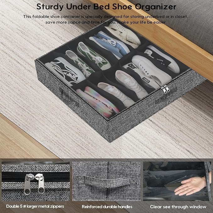 Sturdy Closet Under Bed Shoe Organizer Set of 2 (Fit 12+12 Pairs), Foldable Underbed Shoe Storage Box Bin with Zippers & Handles, Organizador De Zapatos, Linen-like Black, ZMXAUBSB2P