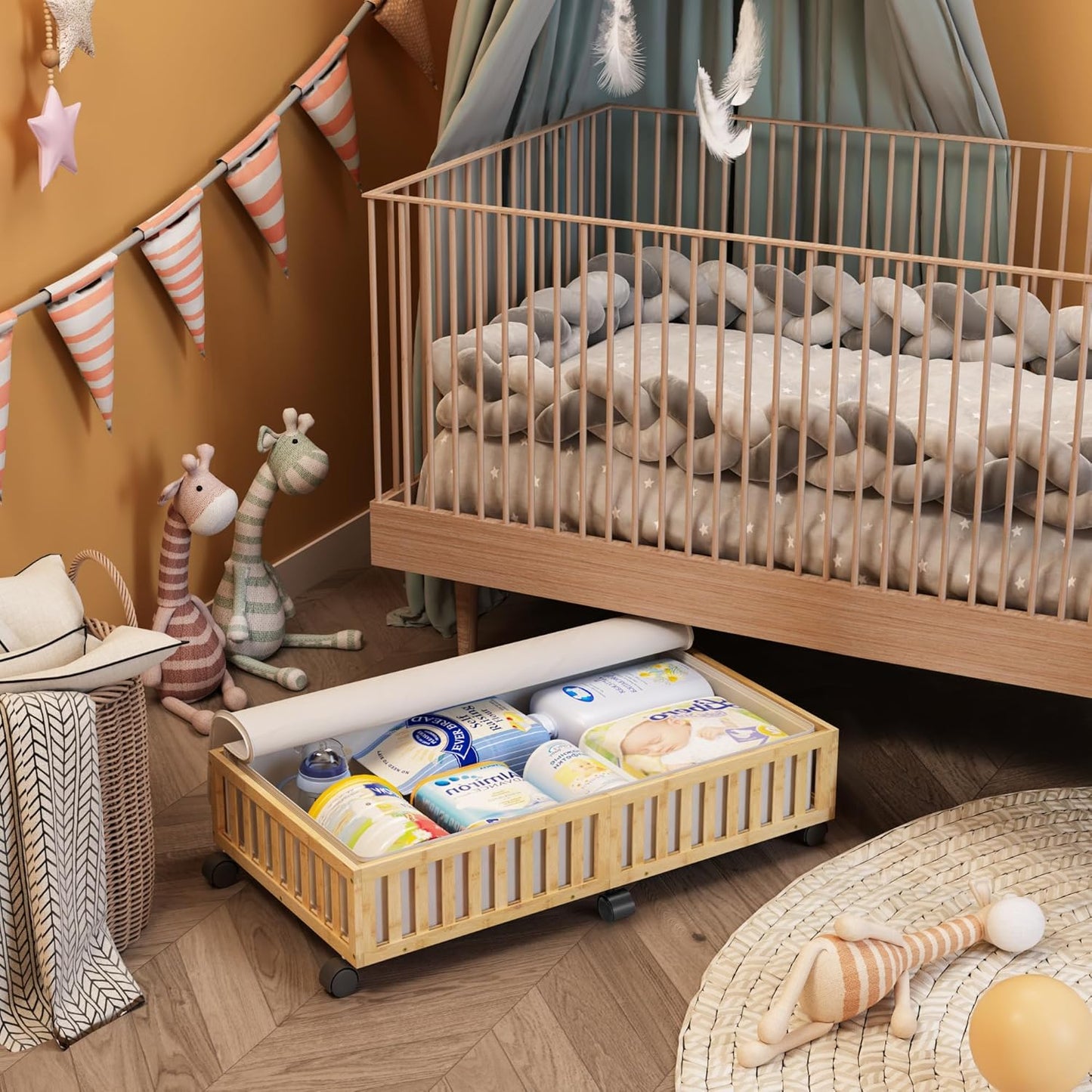 Bamboo Under Bed Storage Containers with Wheels, 2 Pack Large Under the Bed Shoe Storage Bins, Wood Rolling Underbed Drawers Organizer for Bedroom Closet Clothes Blanket Under Crib Toy Nature