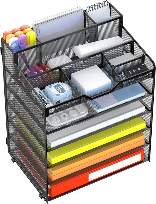 Docnest 6 Tier Mesh Desk Organizer for Paper Office Supplies – Multi-Functional Letter Tray with 5 Adjustable Compartments, 3 Pen Holders, Desktop Storage for Files, Mail, Stationery – Black