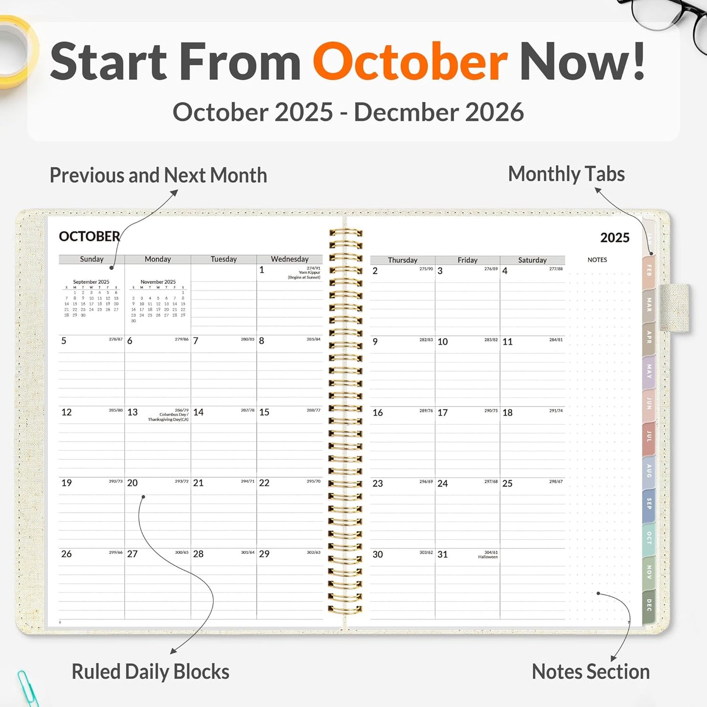 SUNEE 2026 Weekly & Monthly Planner 9"x11.2"- 12 Month (January 2026 - December 2026), Linen Cover, Pocket, Bookmark, Notes, Monthly Tab, Beige