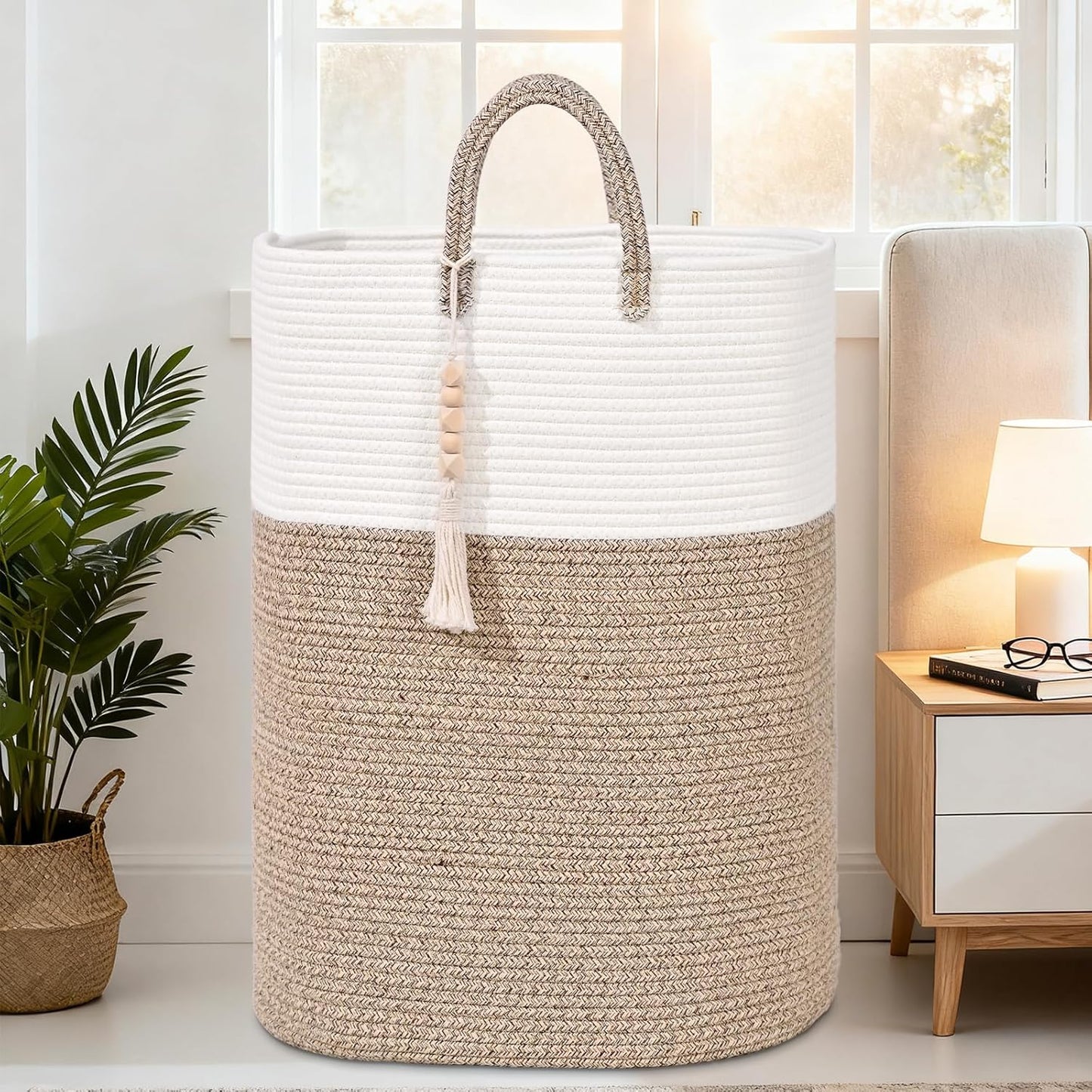 65L Woven Laundry Basket for Clothes, Large Rectangle Laundry Hampers with Beads Tassel, Nursery Storage Basket for Toys, Tall Dirty Clothes Hamper for Bedroom Aesthetic, Laundry Room Organization