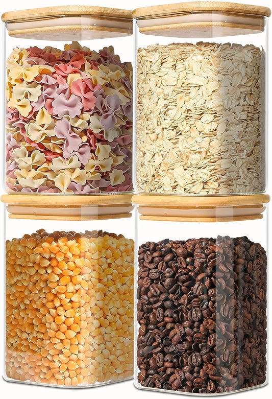 1.2 Qt Square Glass Storage Containers with Lids, glass jar with airtight lid, Glass Canister for Pantry Cookie Flour Cereal Rice Sugar Tea Coffee Beans Spice (Square-4Pack)