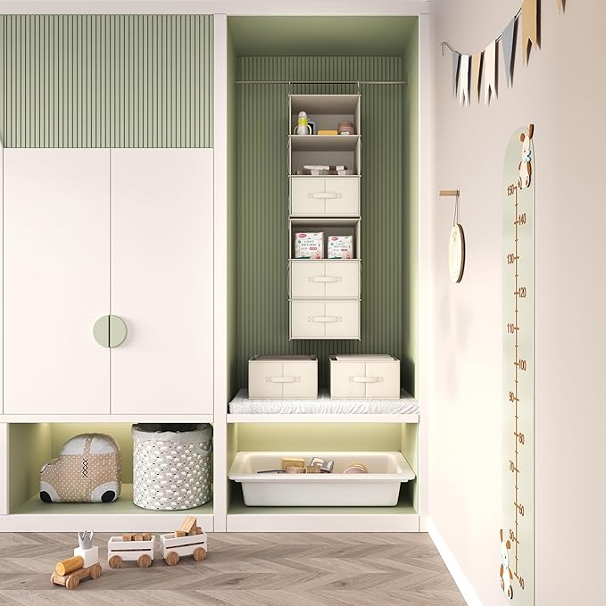 Vailando 6-Shelf Hanging Closet Organizer, 2 Separable 3-Shelf Hanging Shelves with 3 Drawers for Wardrobe, Nursery, Baby Clothes Organization and Storage, Beige