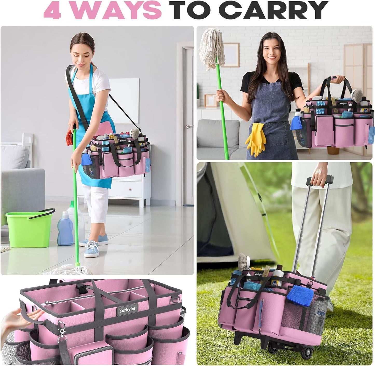 Rolling Cleaning Caddy Bag with Detachable Trolley, Cleaning Supplies Organizer Cart on Wheels, Cleaning Supply Caddy for Housekeepers, Large Professional Detailing Bag Tote for Home, Car (Pink)