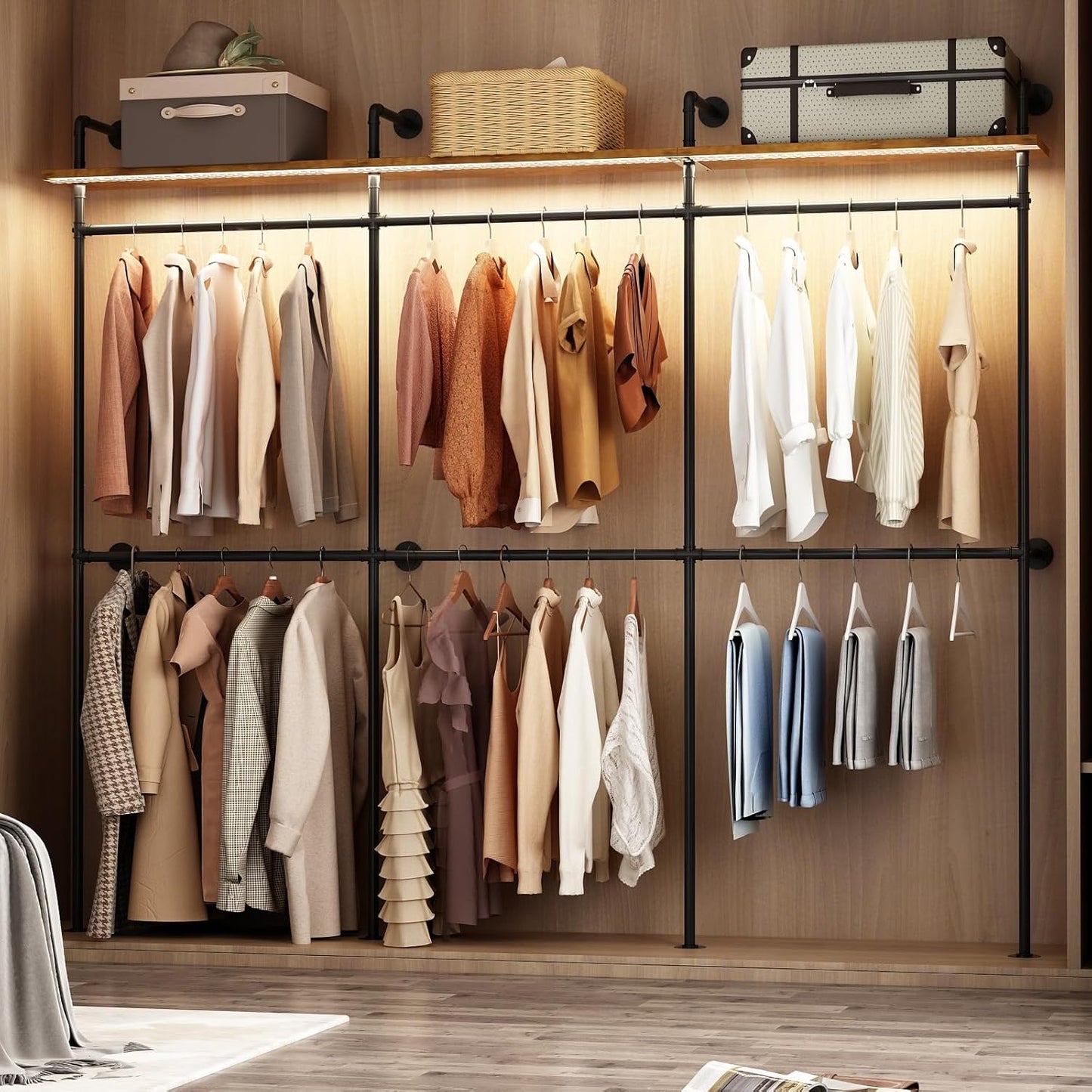 Industrial Pipe Clothes Racks with LED Lights& Shelves, 118" Wall Mounted Clothing Rack for Hanging Clothes, Heavy Duty Industrial Pipe Shelving for Walk-in Closet, Black