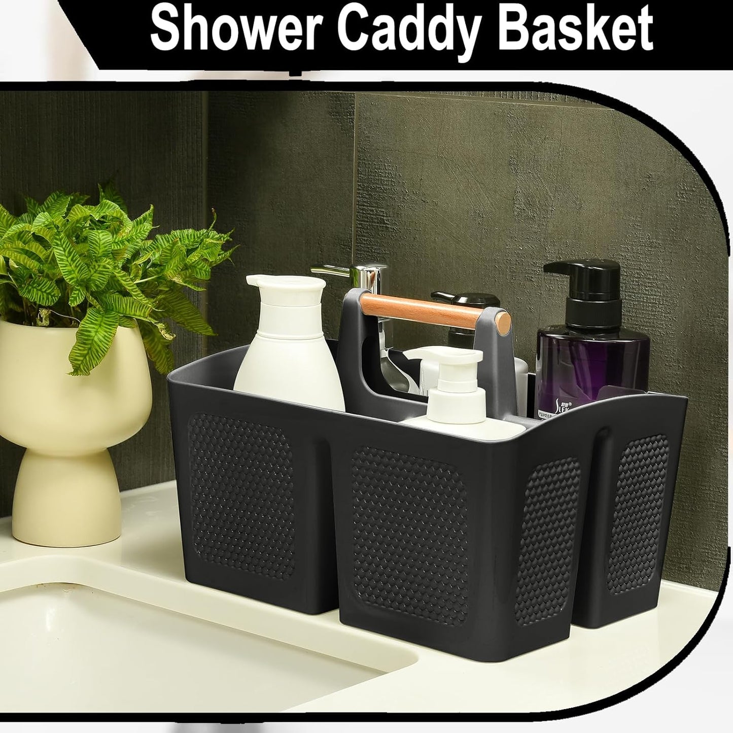Haundry Plastic Black Shower Caddy Basket with 3 Compartments, Portable Divided Bathroom Cleaning Caddy Organizer Storage Tote with Handle for Dorm, College, Room Essentials