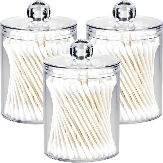 AXX Qtip Dispenser Apothecary Jars Bathroom - Qtip Holder Storage Canister Clear Plastic Jar for Cotton Swab,Q-Tips,Cotton Rounds (Clear 3Pcs)