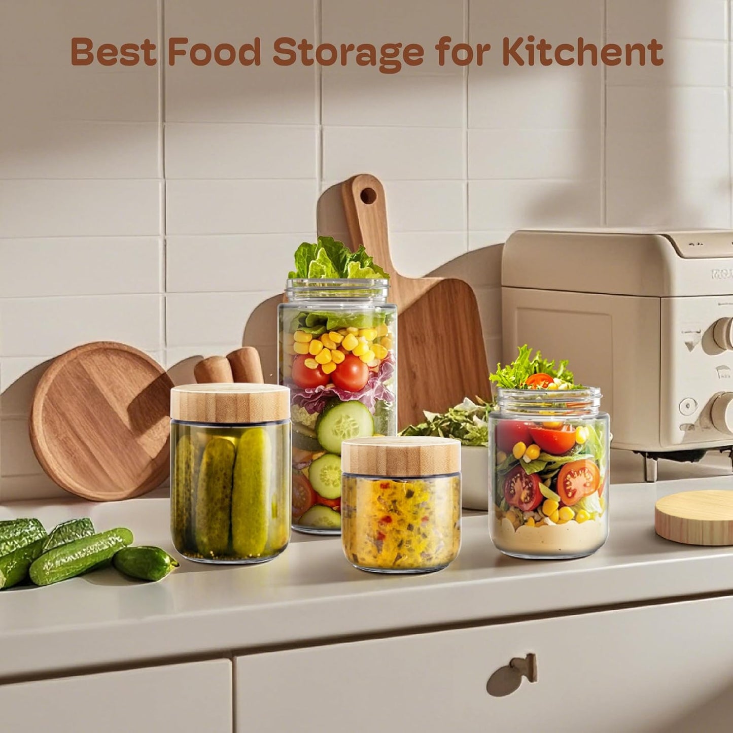 4 pack 24oz Overnight Oats Containers with Bamboo Lids, Glass Jars with Airtight Lids for Meal Prep, Wide Mouth Mason Salad Jars, Glass Food Storage Container for Yogurt Chia Snacks Spice Sugar