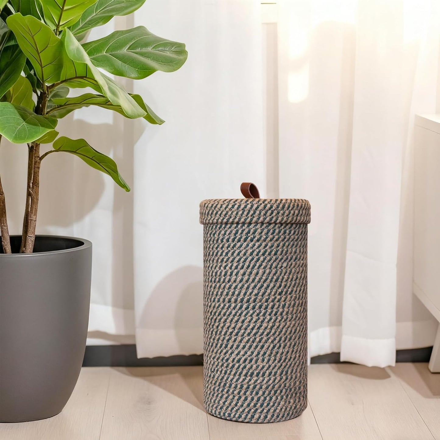 Handmade Cotton & Jute Toilet Paper Holder – Woven Toilet Paper Stand & Storage Basket with Lid, Freestanding Organizer for Bathroom, Fits 3 Rolls Green