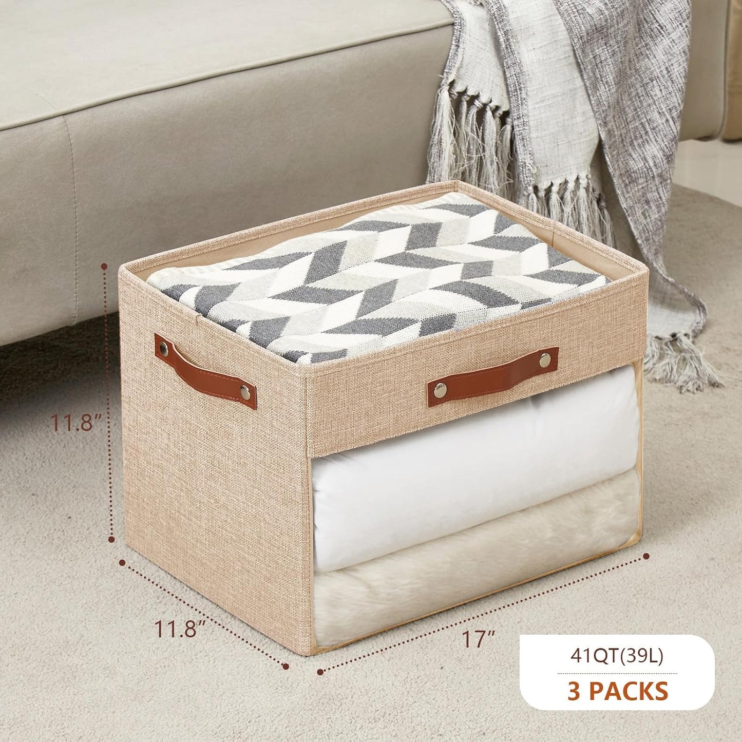 Extra Large Storage Baskets with Clear Window, See Through Closet Organizer with PU Handles, Linen Foldable Storage Bins for Organizing Clothes, Toys, Books (Khaki)