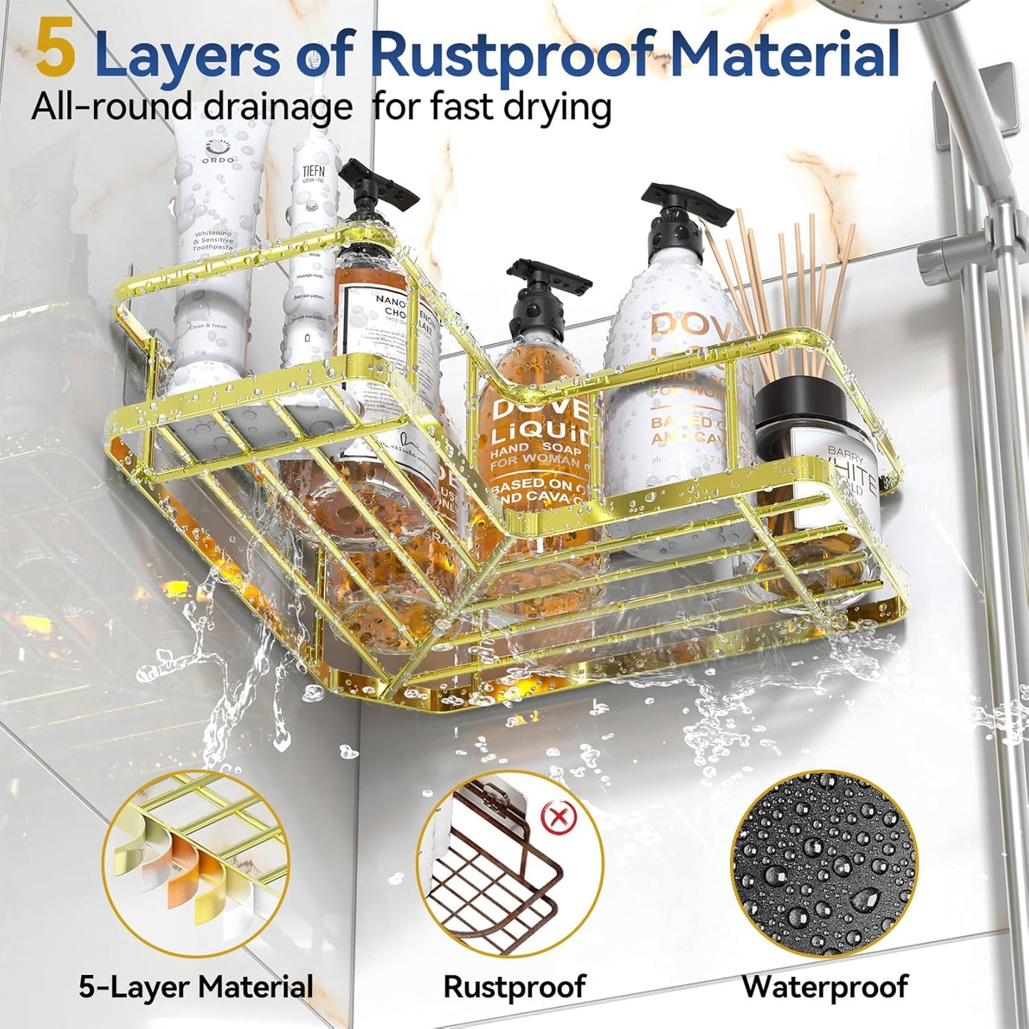 YASONIC Corner Shower Caddy Organizer, 5-Pack Self-Adhesive Rustproof Bath Shelves with Soap Holder & 4 Hooks, Large Capacity Shower Storage Rack for Bathroom Organization, Gold
