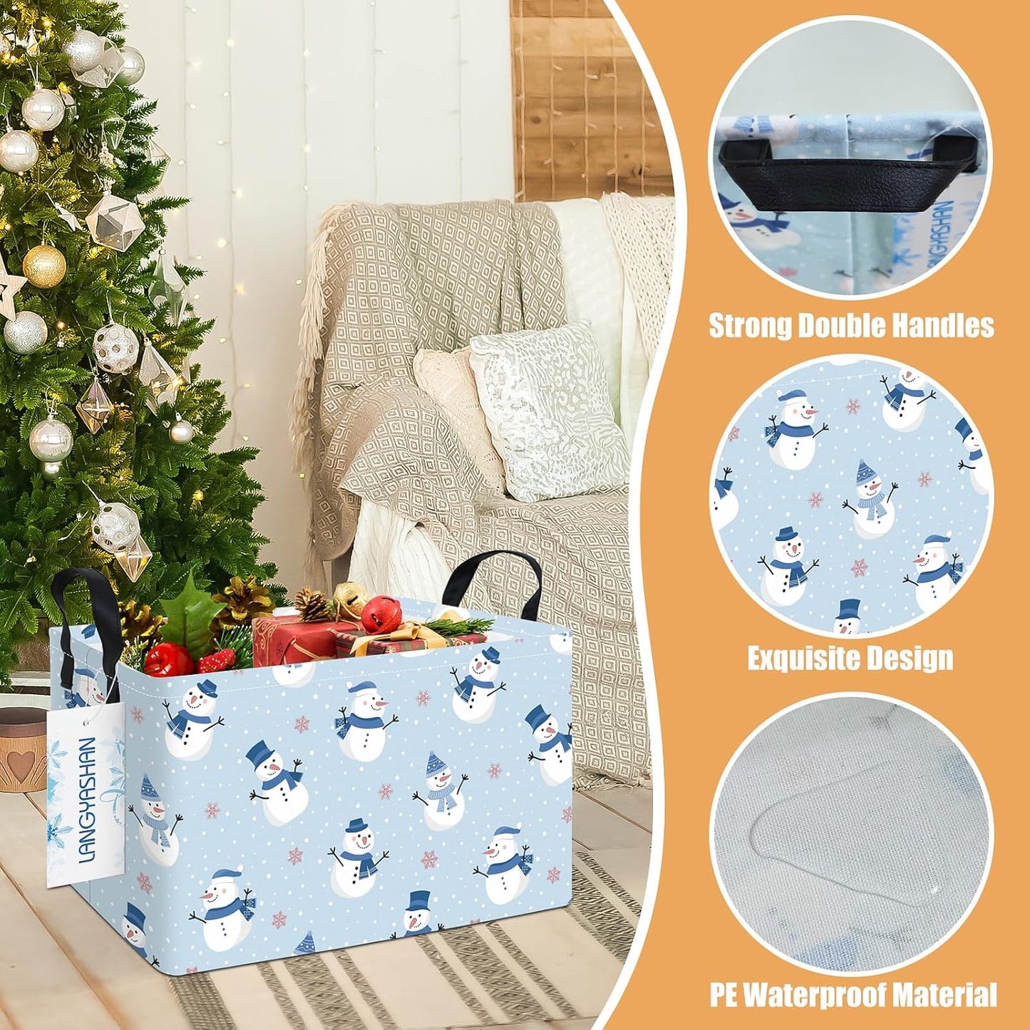 LANGYASHAN Rectangular Christmas Snowman Storage Basket with Handles for Organizing Home Kitchen Boys and Girls Toys Office Closet Shelf Baskets (Rec Christmas Snowman)