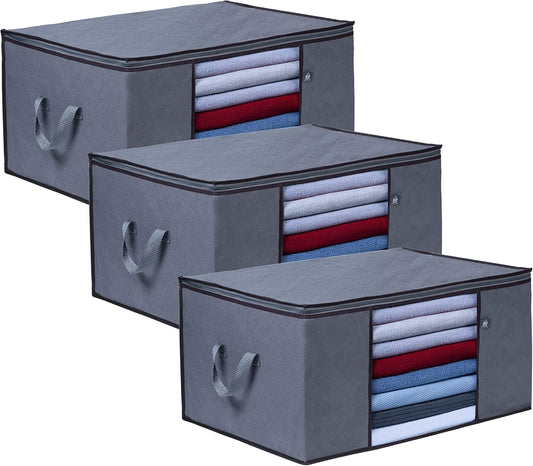 VENO 3 Pack Oversize Clothes Storage Bag Organizer with Reinforced Handle Thick Fabric for Comforters, Blankets, Bedding, Foldable with Sturdy Zipper, Clear Window, Grey, Reusable (34 Gallon)