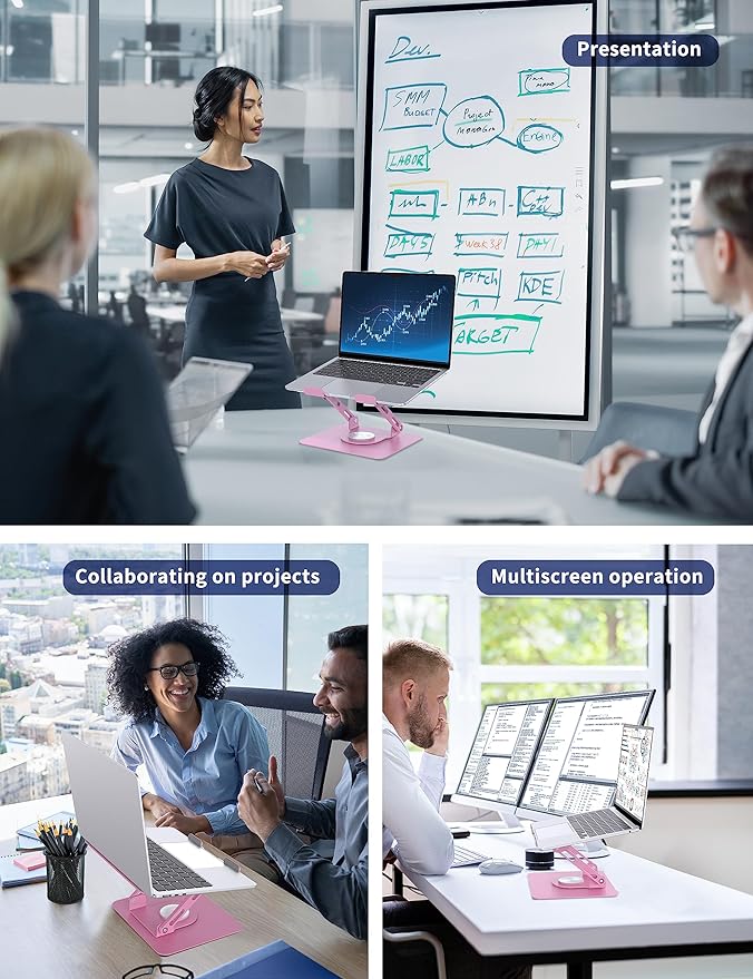 SOUNDANCE Laptop Stand with 360° Rotating Base, Ergonomic Computer Riser for Desk, Adjutable Height Muti-Angle, Foldable Laptop Mount, Stable Metal Holder Support 10-15.6" Notebook PC, Pink