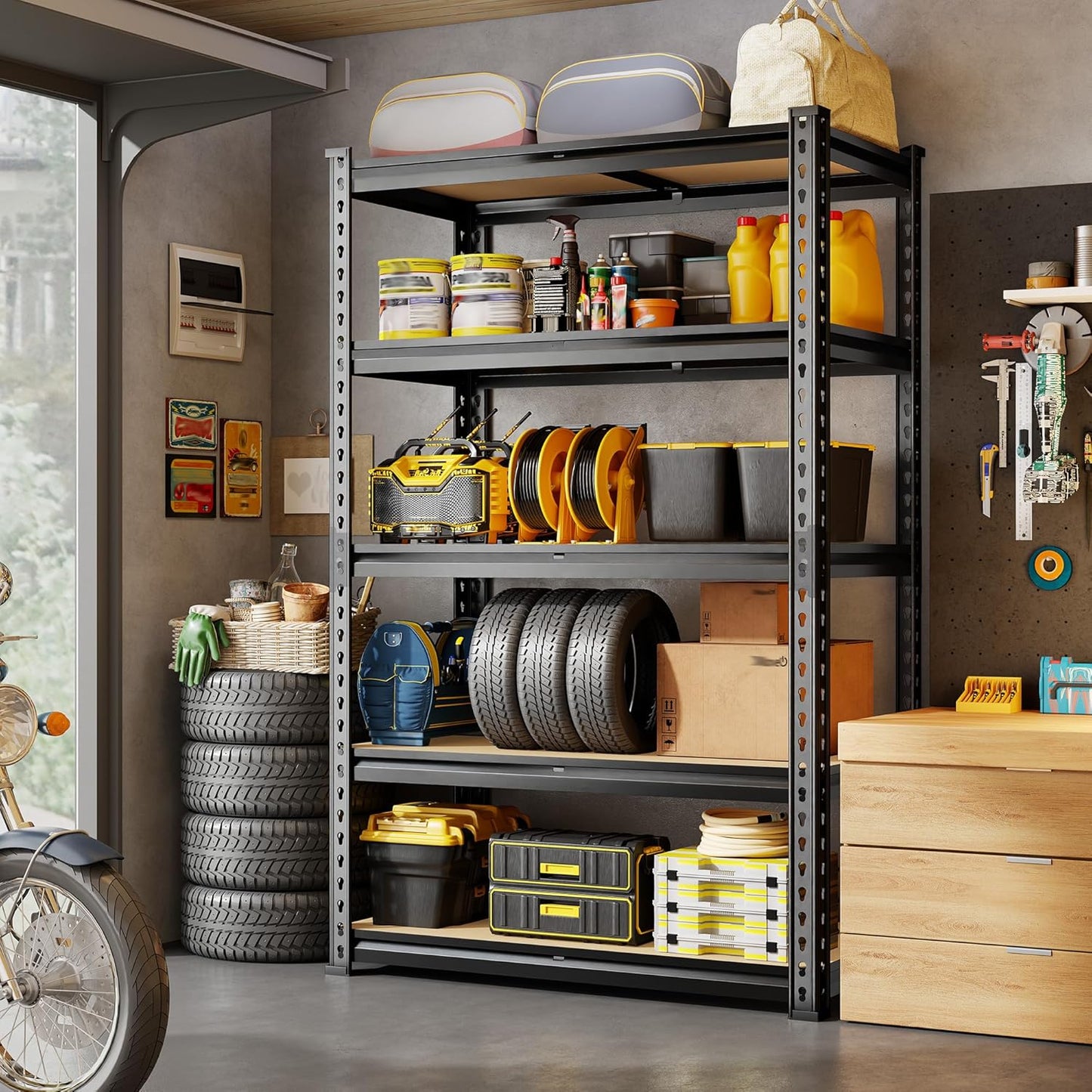 72.12" H Garage Shelving, Storage Shelves Load 2100LBS, 5-Tier Adjustable Shelving Unit with Thickened Wooden Boards for Multiple Scenarios, 72.12" H x 35.55" W x 11.85" D, Black, 2 Pack