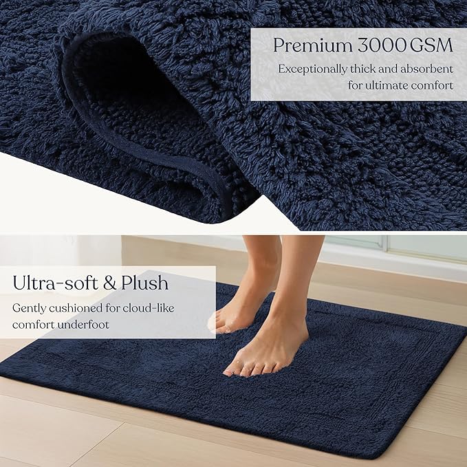 Delara Organic Cotton Reversible Bath Mat – 3000 GSM, GOTS Certified, Ultra-Thick & Super Absorbent | Soft, Plush & Quick-Drying Bathroom Rug (Navy Blue, 30x50)