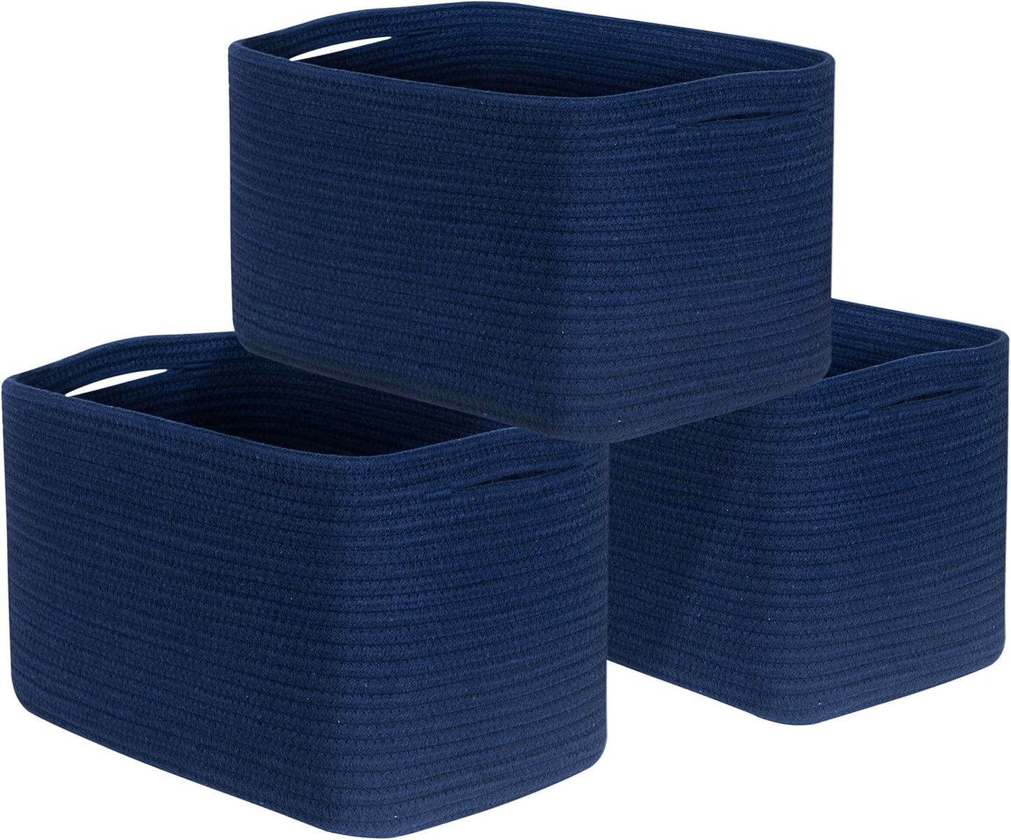 MINTWOOD Design 3-Pack Decorative Woven Storage Baskets for Shelves, Cube Bin Box for Organizing Books, Shoes, Dog Toys, Pantry Closet and Living Room Organizer, Navy Blue