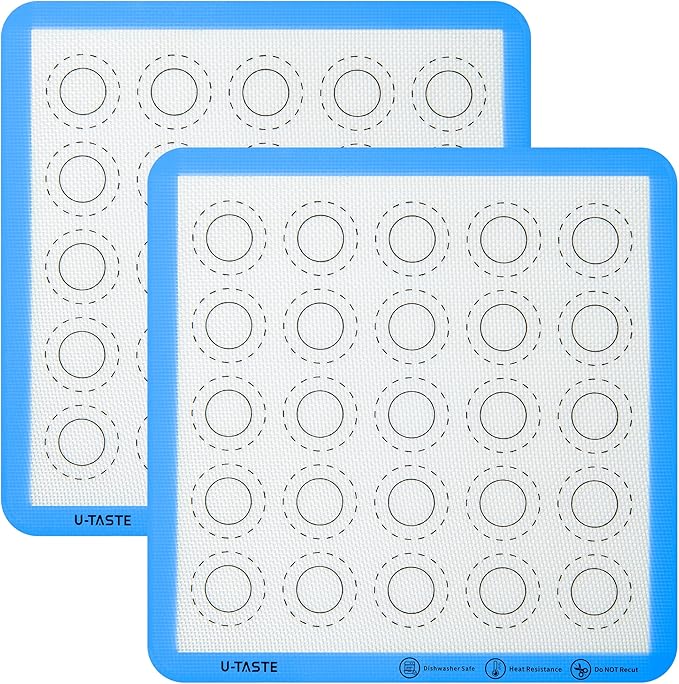 446ºF Heat Resistant Macaron Mat: U-Taste 11x11in Non Stick Silicone Baking Mat, Reusable Cookies Pastry Sheet Liner with Edge Enhancement & Circle Measurement for Square Cake Pan (2 PCS, Light Blue)