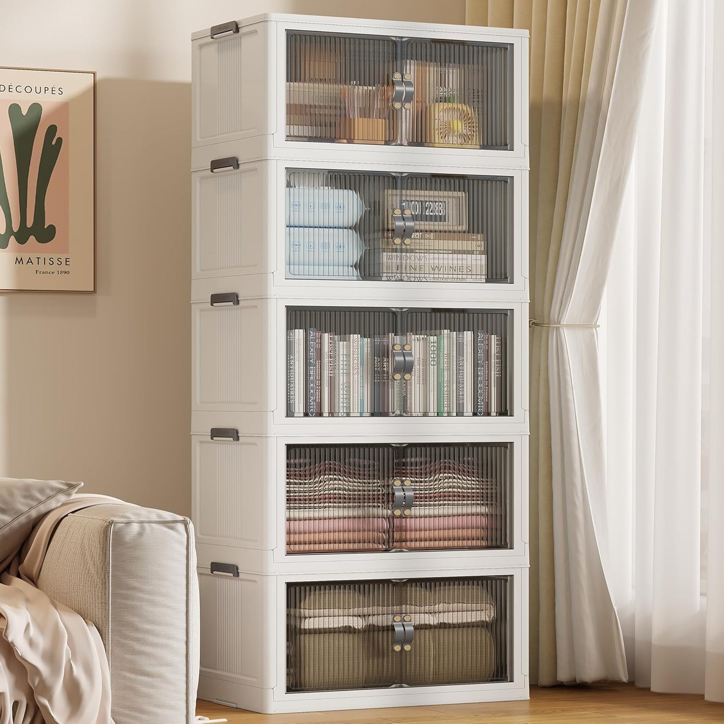 SAILUN 136Gal/543Qt Stackable Storage Bins Folding Collapsible Storage Bins with Lid, Closet Organizers and Storage, Grey 26" W x 17" D x 71" H