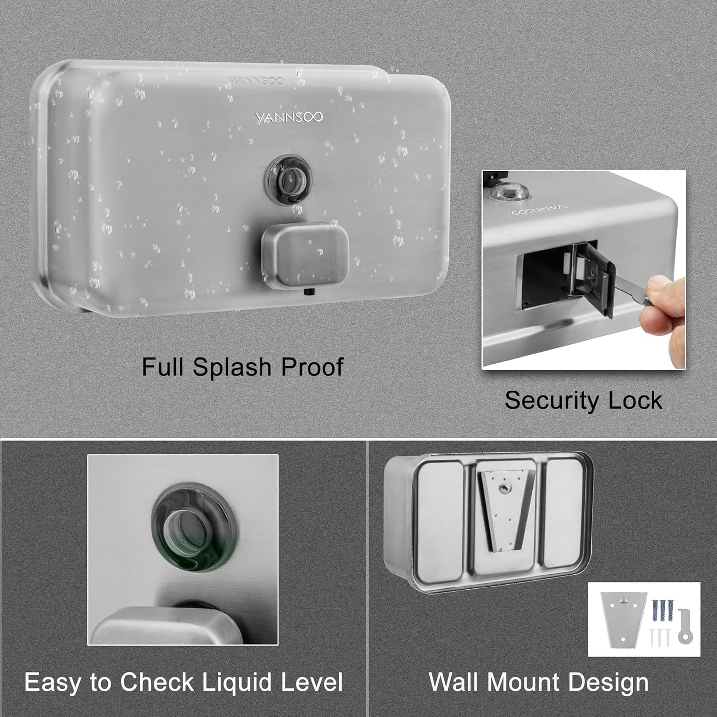 Wall Mounted Hand Soap Dispenser Bathroom, 1100ml 37oz Commercial Stainless Steel Liquid Soap Dispenser Wall Mount (Horizontal Brushed)