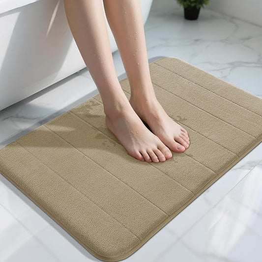 Yimobra Memory Foam Bath Mat, Super Soft Absorbent Bathroom Rug Non Slip 31.5x20 Inch, Quick Dry, Machine Washable Floor Carpet for Tub Shower, Home Decor Accessories, Pale Khaki